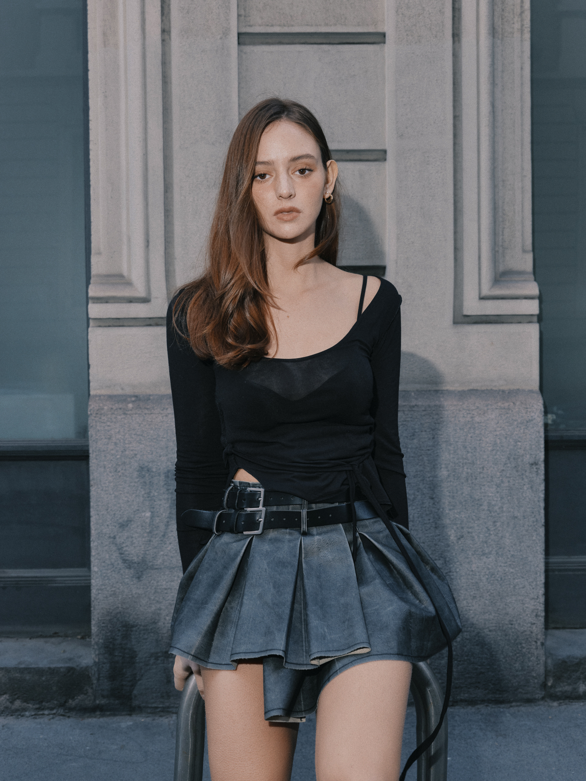 washed leather lap skirt (black)